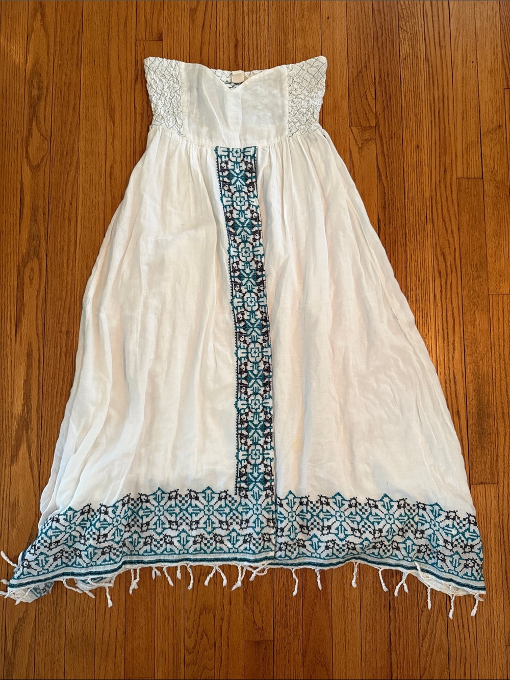 Roxy White Strapless Dress with Blue Embroidered Trim